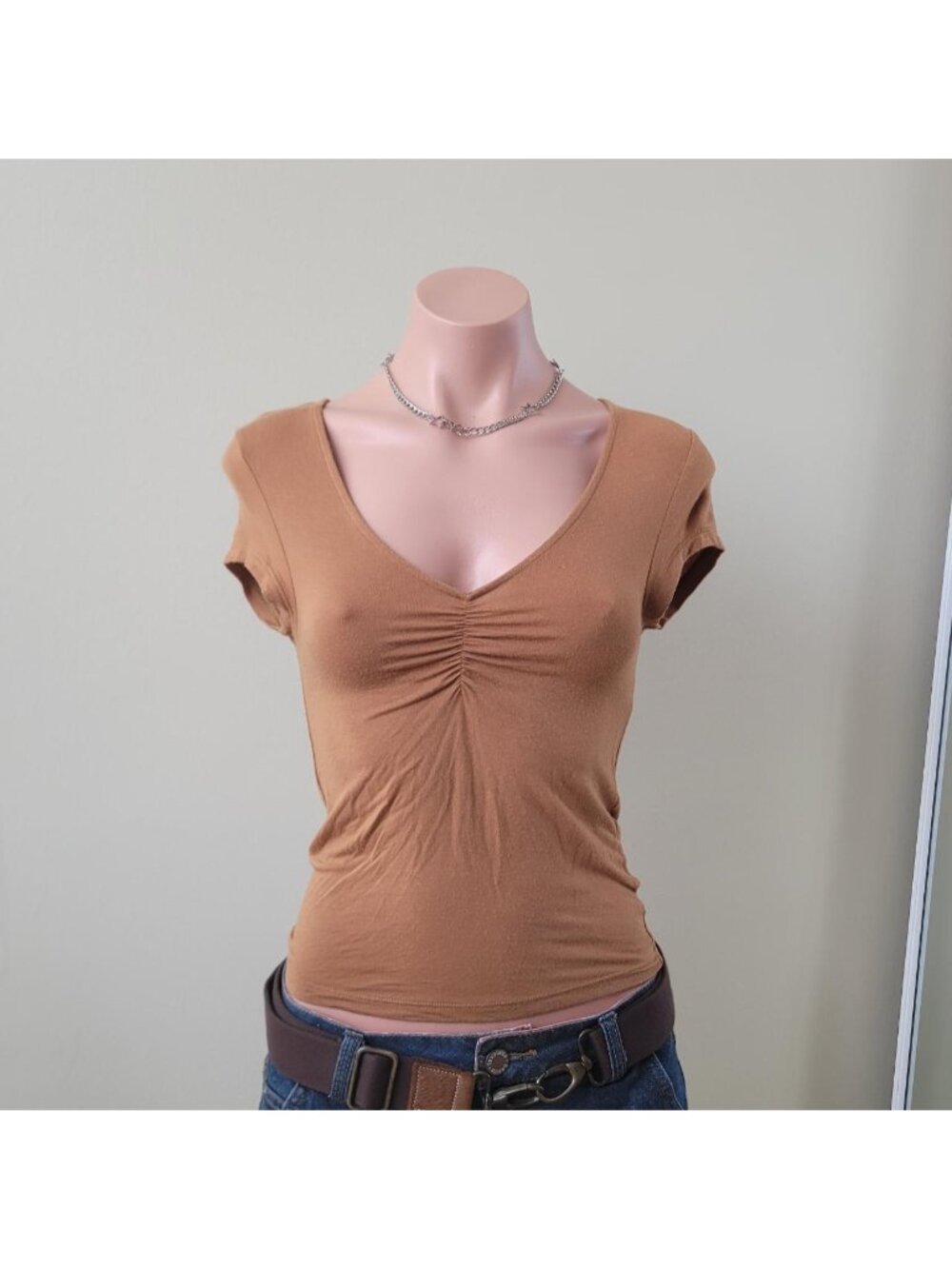 American Eagle Chocolate Brown Ruched V-Neck Cropped Cami (S)